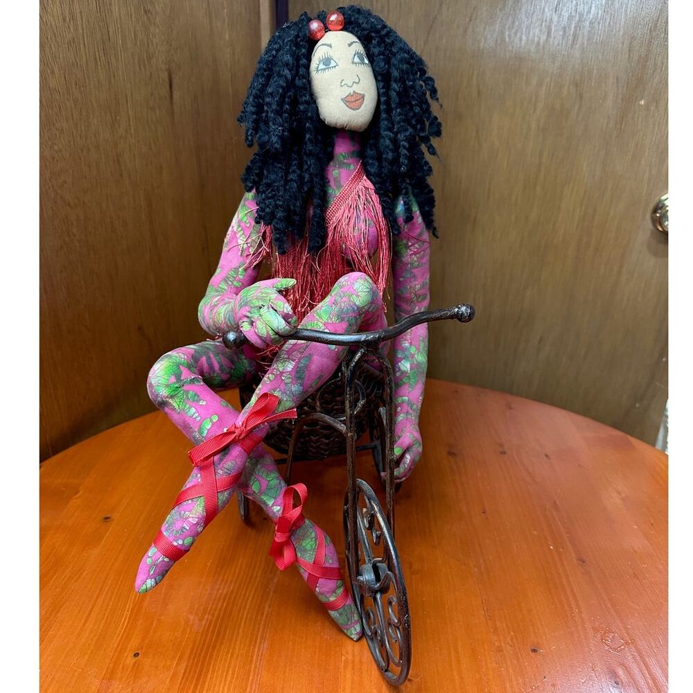 Vintage Unique Hand Crafted Fabric Art African American Doll in Cart